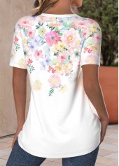 White Criss Cross Floral Print Short Sleeve T Shirt