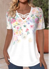 White Criss Cross Floral Print Short Sleeve T Shirt