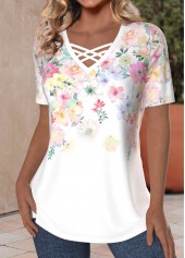 White Criss Cross Floral Print Short Sleeve T Shirt