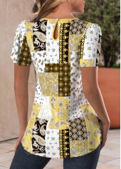 Light Yellow Cut Out Tribal Print Short Sleeve Blouse | thumb picture 