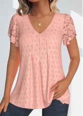 Dusty Pink Lace Short Sleeve V Neck Blouse