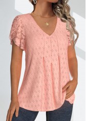 Dusty Pink Lace Short Sleeve V Neck Blouse