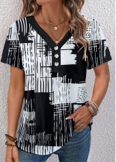 Black Button Graffiti Print Short Sleeve V Neck Blouse