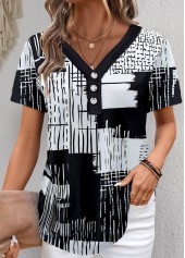 Black Button Graffiti Print Short Sleeve V Neck Blouse | thumb picture 