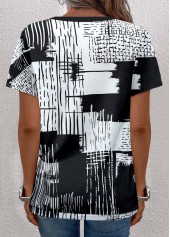 Black Button Graffiti Print Short Sleeve V Neck Blouse | thumb picture 