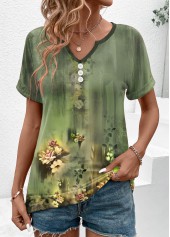 Sage Green Button Floral Print Short Sleeve T Shirt