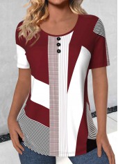 Deep Red Button Geometric Print Short Sleeve T Shirt