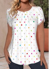 White Tuck Stitch Polka Dot Short Sleeve T Shirt