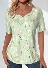 Light Green Textured Fabric Floral Print T Shirt