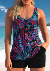 Lace Up Paisley Print Black Tankini Set