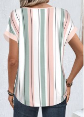 White Zipper Striped Short Sleeve Round Neck Blouse | thumb picture 