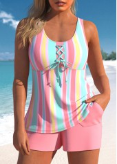 Lace Up Multi Stripe Print Pink Tankini Set