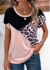Light Pink Patchwork Leopard Short Sleeve T Shirt
