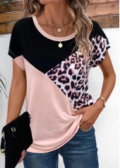 Light Pink Patchwork Leopard Short Sleeve T Shirt