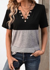Black Patchwork Striped Short Sleeve Split Neck T Shirt