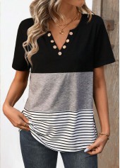 Black Patchwork Striped Short Sleeve Split Neck T Shirt