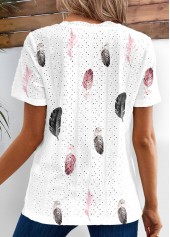 White Breathable Feathers Print Short Sleeve V Neck Blouse | thumb picture 