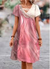 Pink Asymmetry Wave Pattern Print A Line Dress | thumb picture 