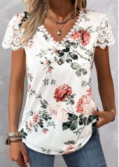 White Lace Floral Print Short Sleeve T Shirt