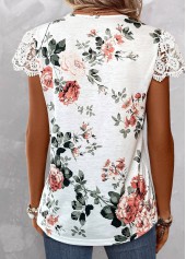 White Lace Floral Print Short Sleeve T Shirt