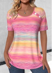 Pink Button Ombre Short Sleeve Round Neck T Shirt
