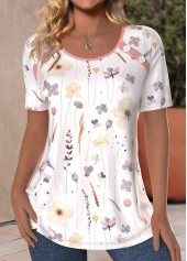 White Button Floral Print Short Sleeve T Shirt