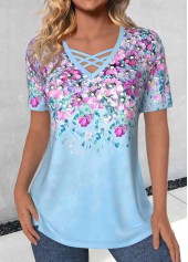 Light Blue Criss Cross Floral Print T Shirt