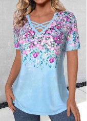 Light Blue Criss Cross Floral Print T Shirt | thumb picture 