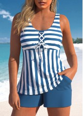 Plus Size Lace Up Blue Striped Tankini Set