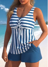 Plus Size Lace Up Blue Striped Tankini Set | thumb picture 