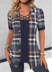 Plus Size Navy Fake 2in1 Plaid Short Sleeve Blouse