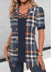 Plus Size Navy Fake 2in1 Plaid Short Sleeve Blouse | thumb picture 