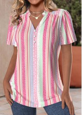 Pink Frill Striped Short Sleeve V Neck Blouse