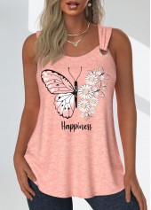 Dusty Pink Grommet Butterfly Print Sleeveless Tank Top
