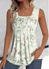 Sage Green Tuck Stitch Floral Print Sleeveless Tank Top