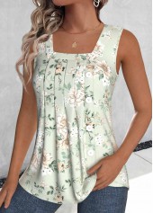 Sage Green Tuck Stitch Floral Print Sleeveless Tank Top | thumb picture 