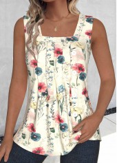 Multi Color Tuck Stitch Random Floral Print Tank Top