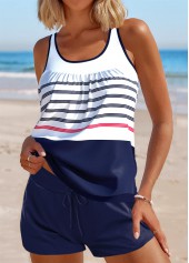 Contrast Binding Striped Navy Tankini Set