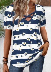 Navy Criss Cross Striped Short Sleeve T Shirt