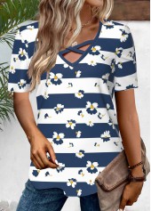 Navy Criss Cross Striped Short Sleeve T Shirt