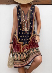 Multi Color Button Tribal Print A Line Sleeveless Dress