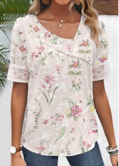 Light Pink Patchwork Floral Print Short Sleeve Blouse | thumb picture 