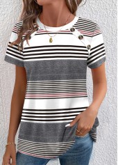 Multi Color Button Striped Short Sleeve T Shirt