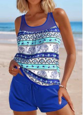 Mesh Tribal Print Purplish Blue Tankini Set