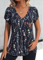 Navy Floral Print Short Sleeve V Neck T Shirt