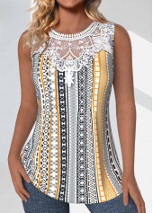 Light Yellow Tuck Stitch Tribal Print Sleeveless Tank Top