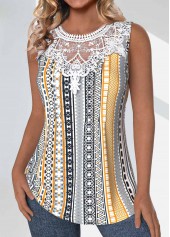 Light Yellow Tuck Stitch Tribal Print Sleeveless Tank Top | thumb picture 