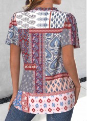 Multi Color Button Patchwork Short Sleeve V Neck Blouse