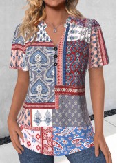 Multi Color Button Patchwork Short Sleeve V Neck Blouse