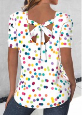 White Bowknot Polka Dot Short Sleeve Round Neck Blouse